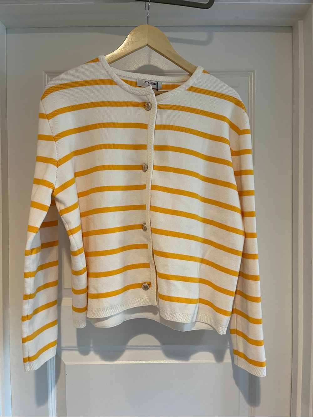 NWT Latahuo New York White and Yellow Striped Button-Front Cardigan size XL